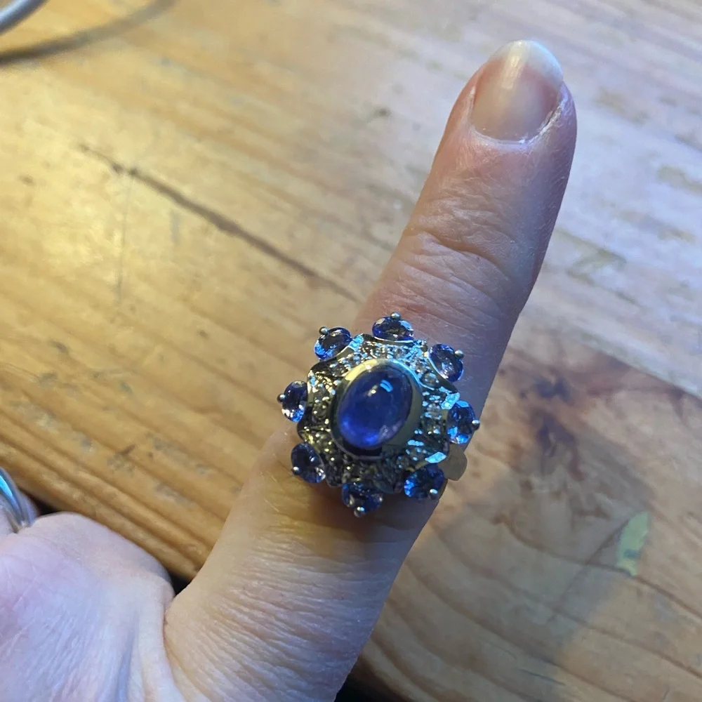 Sterling 925 Cabochon Tanzanite & Diamond Statement Cocktail Ring Size 7 - Picture 2 of 14